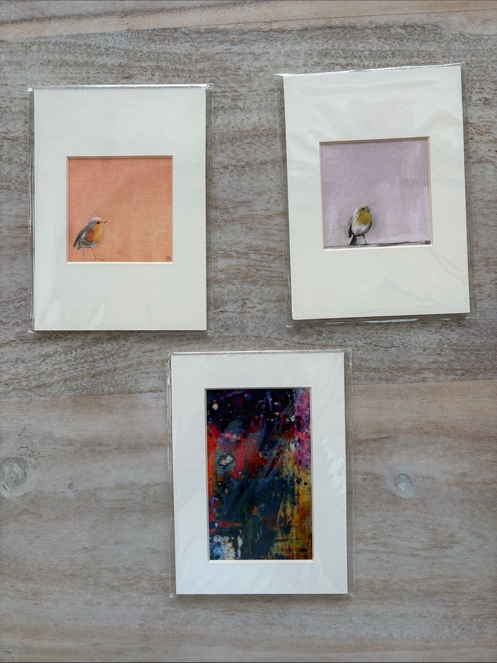 Set of 3 Matted Prints - Birds & Vintage Fabric